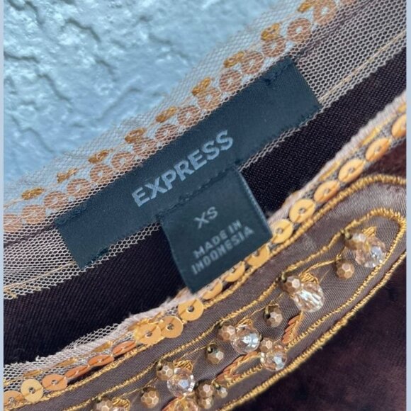 Express Womens Asymmetrical Gold Sequin Sleeveless Top Velvet Brown Sz XS - Picture 8 of 11